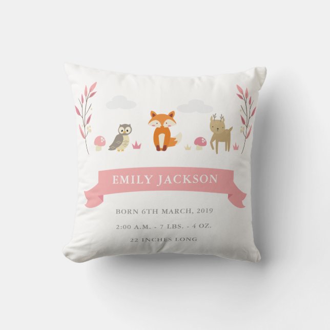 Cute Woodland Animal Baby Girl Announcement Pillow (Front)