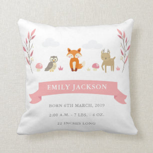 Cute Woodland Animal Baby Girl Announcement Pillow
