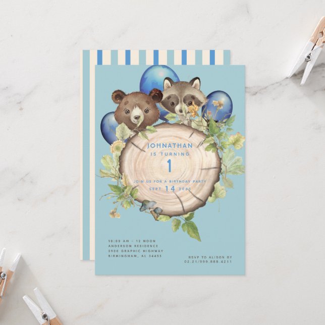 Cute Woodland Animal Baloons 1st Birthday Party Invitation (Front/Back In Situ)
