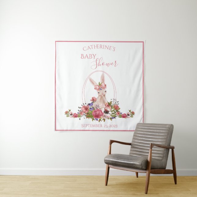 Cute Woodland Animal Bunny Floral Name Tapestry (In Situ)