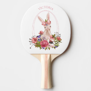 Cute Woodland Animal Bunny Floral Watercolor Name  Ping Pong Paddle