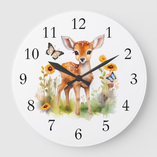 Cute Woodland Animal Deer and Butterflies Large Clock (Front)