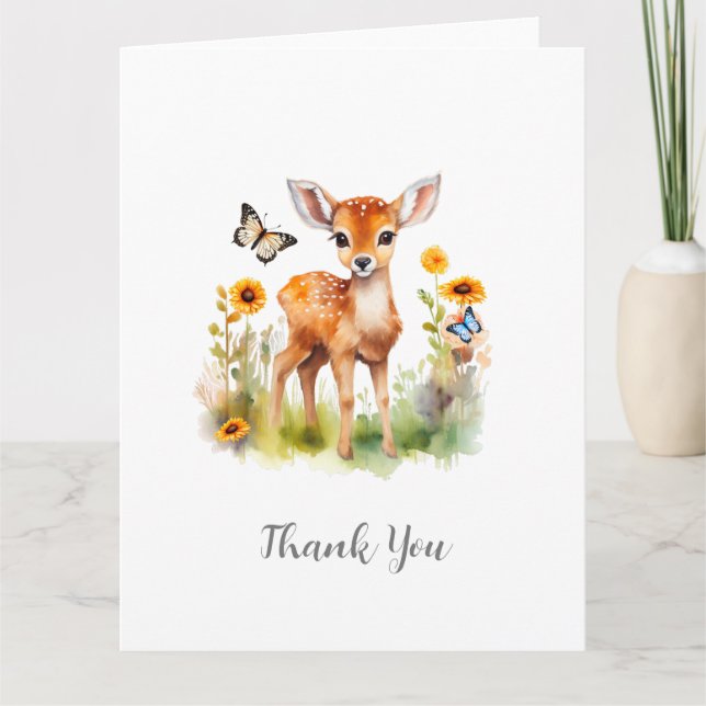 Cute Woodland Animal Deer and Butterflies Thank You Card (Front)