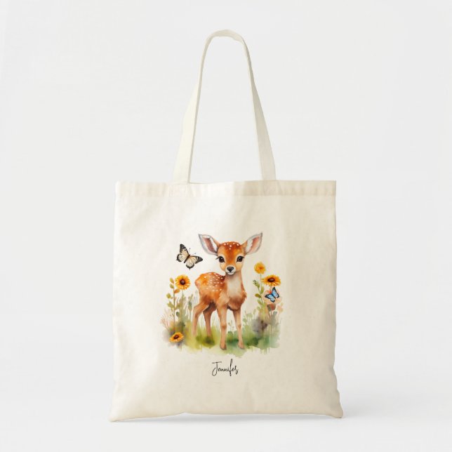 Cute Woodland Animal Deer and Butterflies Tote Bag (Front)