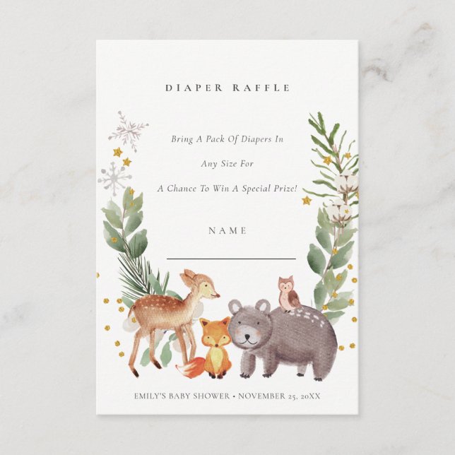 Cute Woodland Animal Diaper Raffle Baby Shower Enclosure Card (Front)
