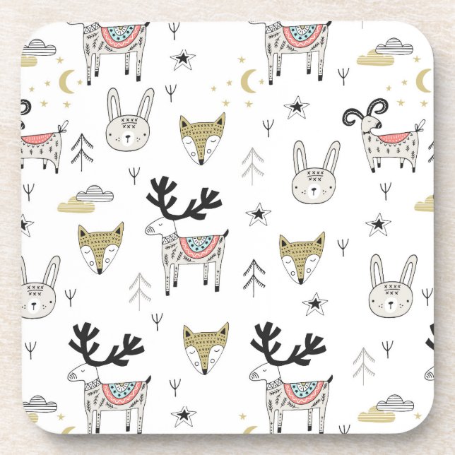 Cute Woodland Animal Doodle Pattern Coaster (Front)