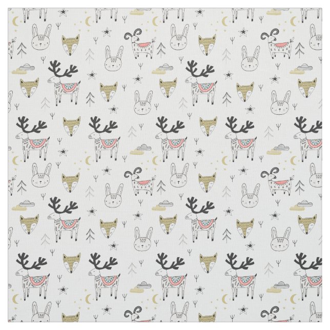 Cute Woodland Animal Doodle Pattern Fabric (Swatch)