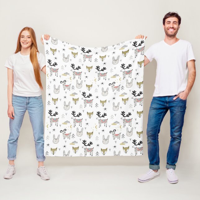 Cute Woodland Animal Doodle Pattern Fleece Blanket (In Situ)