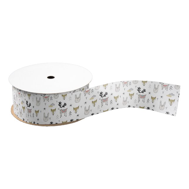 Cute Woodland Animal Doodle Pattern Grosgrain Ribbon (Spool)