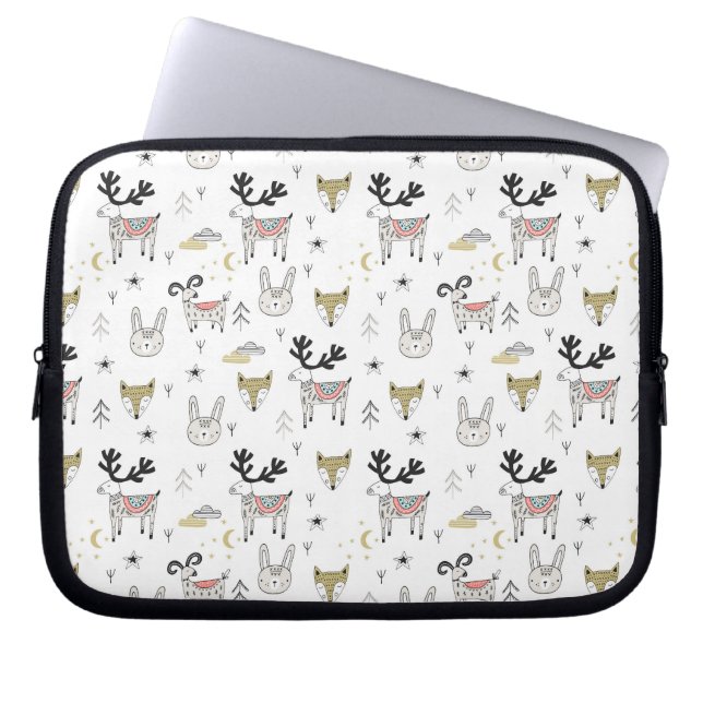 Cute Woodland Animal Doodle Pattern Laptop Sleeve (Front)