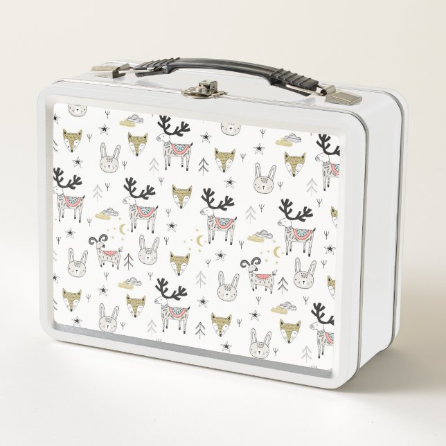 Cute Woodland Animal Doodle Pattern Metal Lunch Box (Front)