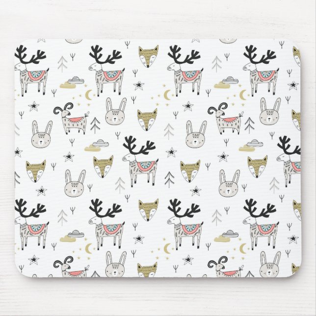 Cute Woodland Animal Doodle Pattern Mouse Mat (Front)