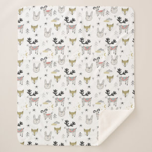 Cute Woodland Animal Doodle Pattern Sherpa Blanket