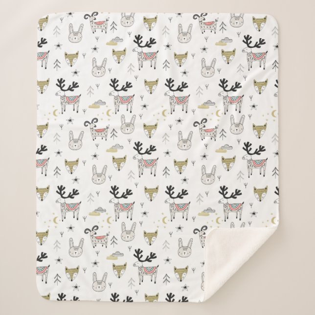 Cute Woodland Animal Doodle Pattern Sherpa Blanket (Front)