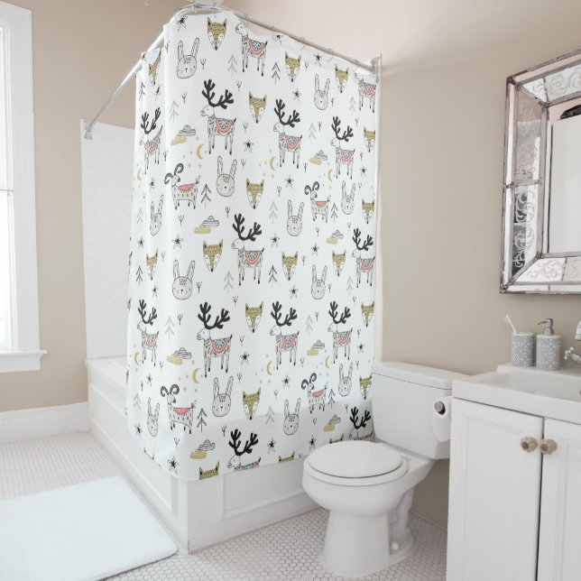 Cute Woodland Animal Doodle Pattern Shower Curtain (In Situ)