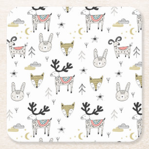 Cute Woodland Animal Doodle Pattern Square Paper Coaster