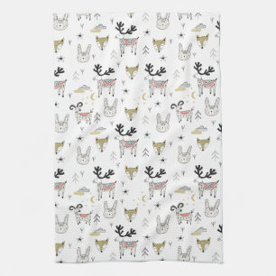 Cute Woodland Animal Doodle Pattern Tea Towel
