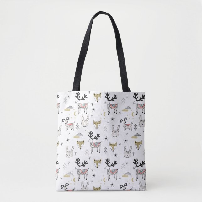 Cute Woodland Animal Doodle Pattern Tote Bag (Front)