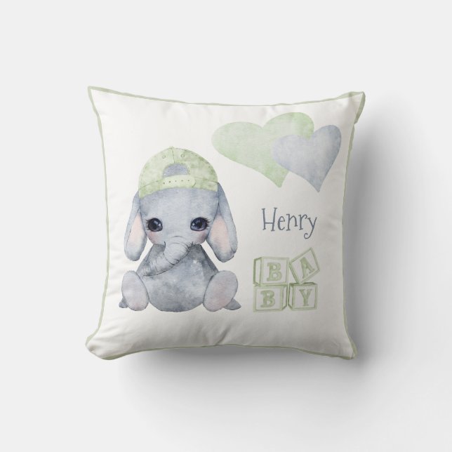 Cute Woodland Animal Elephant Name Nursery Cushion (Front)