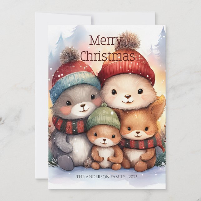 Cute Woodland Animal Family Merry Christmas Card (Front)