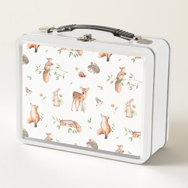 Cute Woodland Animal Friends Pattern Metal Lunch Box (Front)