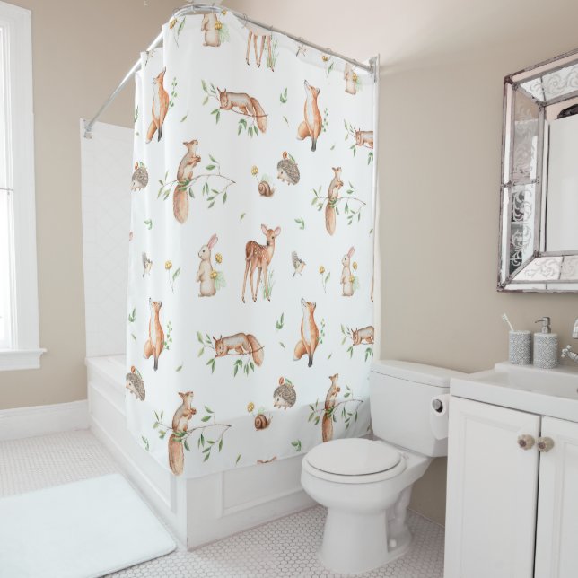 Cute Woodland Animal Friends Pattern Shower Curtain (In Situ)