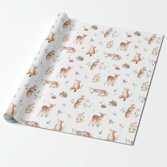 Cute Woodland Animal Friends Pattern Wrapping Paper (Unrolled)