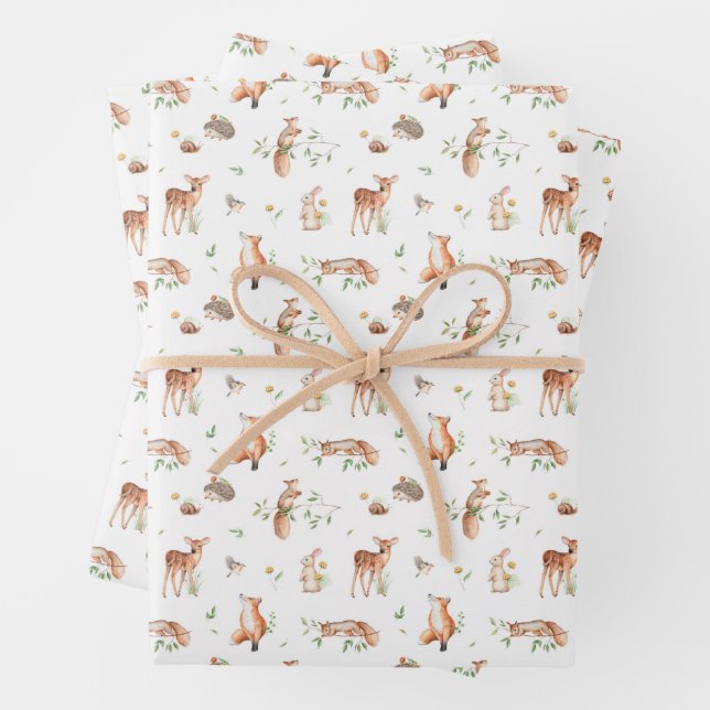 Cute Woodland Animal Friends Pattern Wrapping Paper Sheet (In situ)