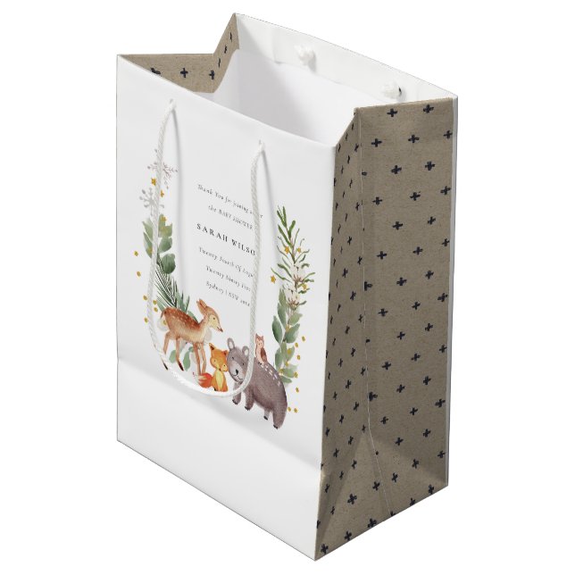 Cute Woodland Animal Leafy Wreath Baby Shower Medium Gift Bag (Front Angled)