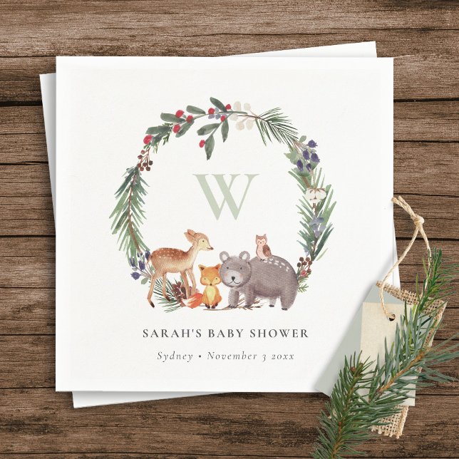Cute Woodland Animal Leafy Wreath Baby Shower Napkin (Creator Uploaded)