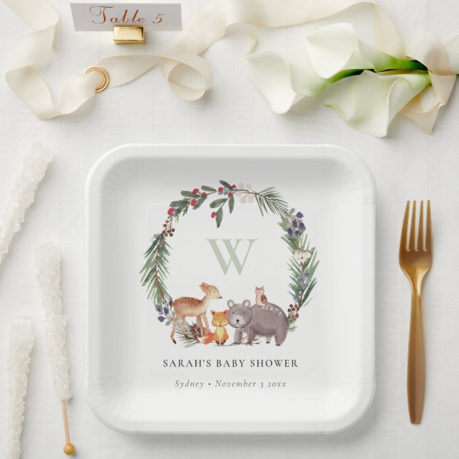 Cute Woodland Animal Leafy Wreath Baby Shower Paper Plate (Wedding)