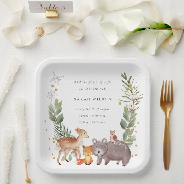 Cute Woodland Animal Leafy Wreath Baby Shower Paper Plate (Wedding)