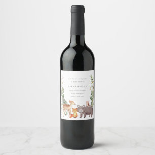Cute Woodland Animal Leafy Wreath Baby Shower Wine Label