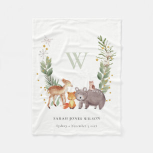 Cute Woodland Animal Leafy Wreath Monogram Kids Fleece Blanket
