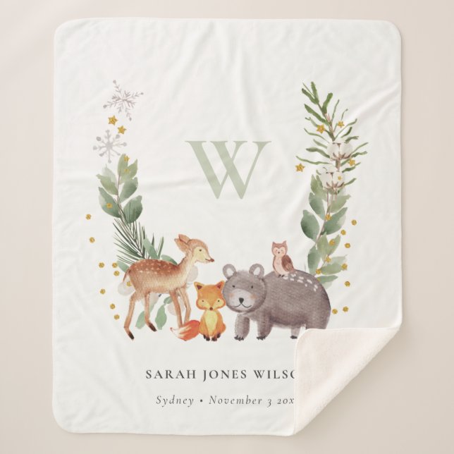 Cute Woodland Animal Leafy Wreath Monogram Kids Sherpa Blanket (Front)