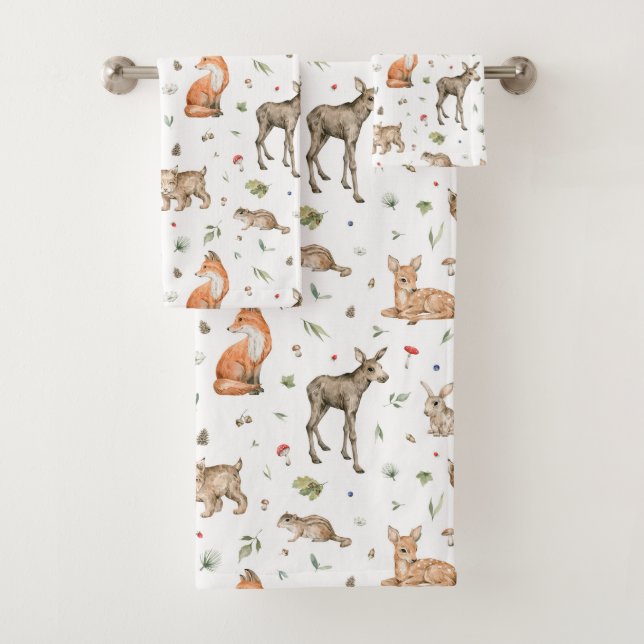 Cute Woodland Animal Pattern Bath Towel Set (Insitu)