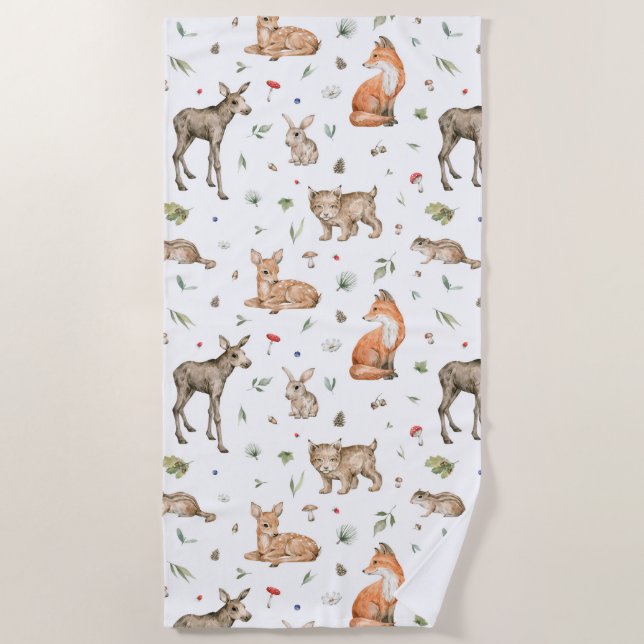 Cute Woodland Animal Pattern Beach Towel (Front)