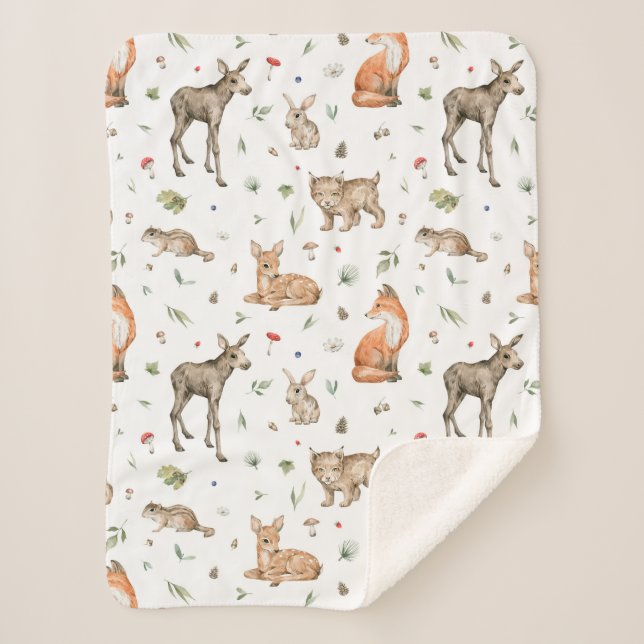 Cute Woodland Animal Pattern Sherpa Blanket (Front)