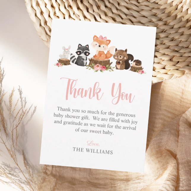 Cute Woodland Animal Pink Baby Shower Thank You Card (Creator Uploaded)