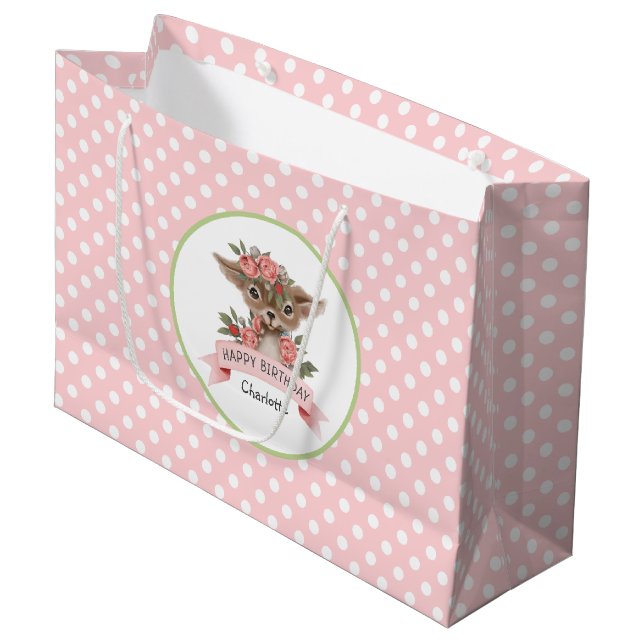 Cute Woodland Animal Pink Birthday for Girl Large Gift Bag (Front Angled)