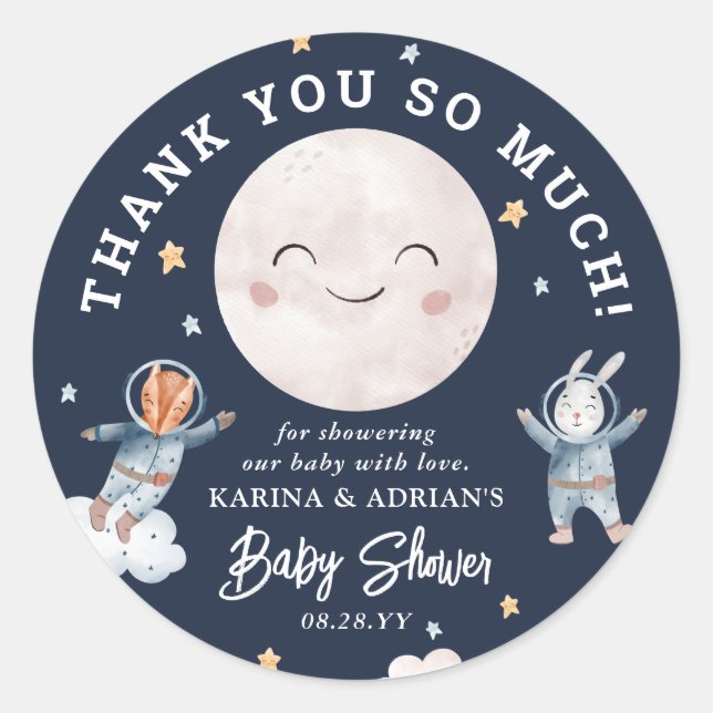 Cute Woodland Animal Space Baby Shower Thank You Classic Round Sticker (Front)