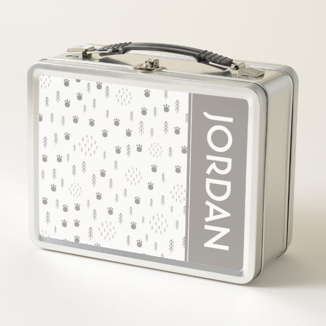 Cute Woodland Animal Track Pattern Metal Lunch Box (Front)