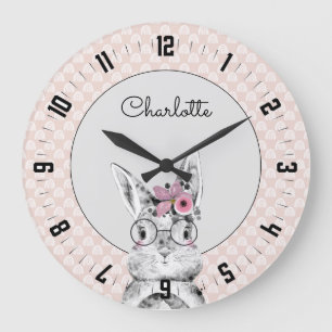 Cute Woodland Animal Watercolor Girl Nursery Large Large Clock