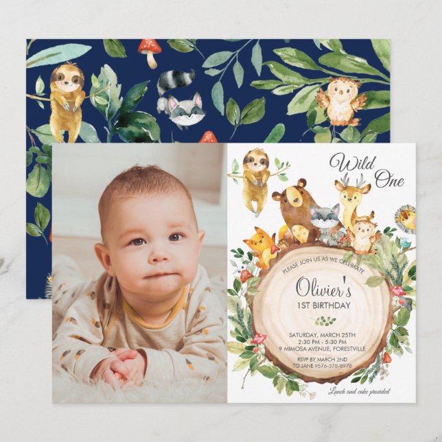 Cute Woodland Animals 1st Birthday Boy Girl Photo Invitation (Front/Back)