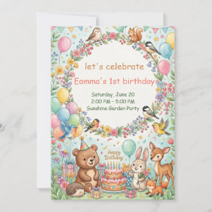 Cute Woodland Animals 1st Birthday Invitation Card