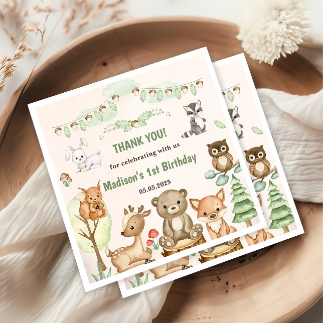 Cute Woodland Animals 1st Birthday Party Napkins (Creator Uploaded)