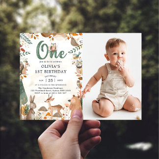 Cute Woodland Animals 1st Birthday Photo Invitation