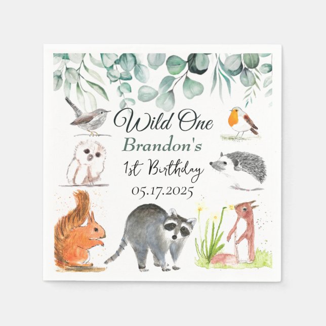 Cute Woodland Animals 1st Birthday Wild One  Napkin (Front)