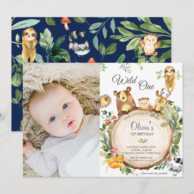 Cute Woodland Animals 1st Birthday Wild One Photo Invitation (Front/Back)