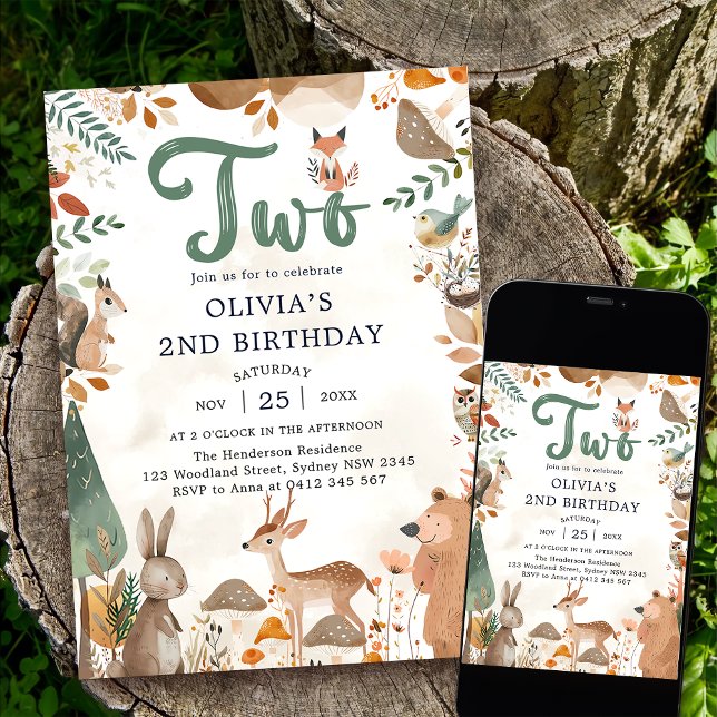 Cute Woodland Animals 2nd Birthday Party  Invitation (Creator Uploaded)